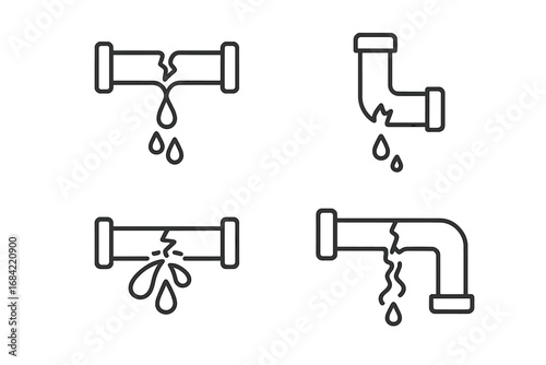 Broken pipe line icon set. Leaking water pipe, plumbing problem, and burst pipeline concept. Simple outline vector illustration for water damage, leak, drip, and repair.