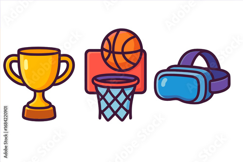 Gaming and sports icon set with trophy, basketball, and VR headset. Vector cartoon illustration for competition, victory, esports, and virtual reality entertainment concept.