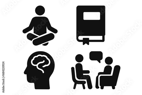 Mental wellness solid icons set. Self-care tools like meditation, journaling, and therapy session. Psychology and mental health concept. Brain, mind, and wellbeing pictogram.
