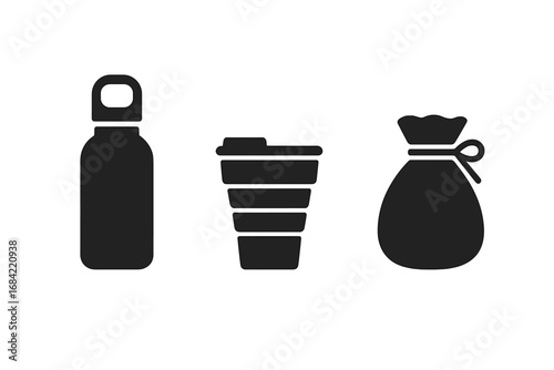 Sustainable Travel Icons Vector Set, Solid Filled Icons of Eco-Friendly Metal Water Bottle, Collapsible Cup, Fabric Pouch, Reusable Items for Zero Waste and Green Lifestyle Illustration