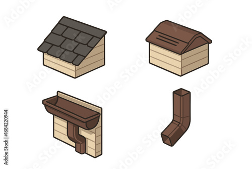 Roofing icon set. Isometric vector illustration of house construction elements. Includes asphalt shingle, roof ridge vent, siding, gutter, and downspout icons for home repair.