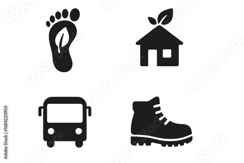 Sustainable tourism icons set with eco footprint, eco-friendly lodge, green bus transport, hiking boot, vector solid filled symbols for responsible travel and nature conservation