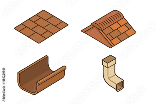 Isometric Roofing Icon Set with Asphalt Shingle, Roof Ridge Vent, Gutter, Downspout – Vector Cartoon Illustration of Roofing and Siding Components for Construction and Home Improvement