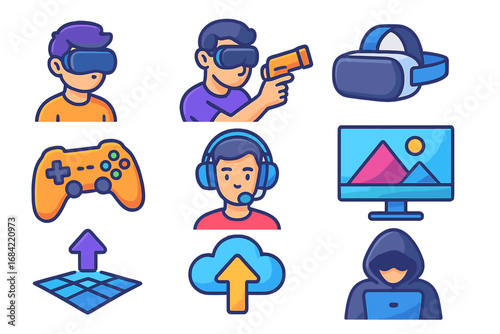 Gaming icon set with gamer avatar. Virtual reality, VR, AR, metaverse concept. Player with headset, controller, gun. Streamer, hacker. Cloud gaming symbol. Vector.