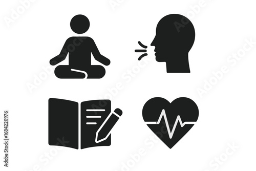 Mental wellness solid glyph icon set. Self-care practices vector symbols. Meditation, yoga pose, deep breathing, journaling, heart rate monitor. Health and mindfulness concept.