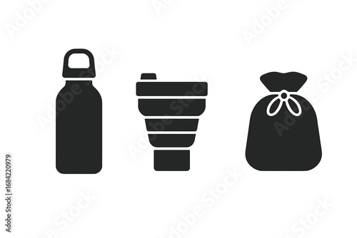 Sustainable Travel Icons, Solid Filled Vector Set of Eco-Friendly Travel Essentials Including Metal Water Bottle, Collapsible Cup, Fabric Pouch, Zero Waste Accessories