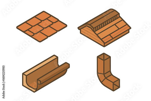 Roofing icon set in isometric flat design, featuring detailed roofing and siding coordination with asphalt shingle roof, ridge vent, gutter, and downspout elements, vector cartoon illustration
