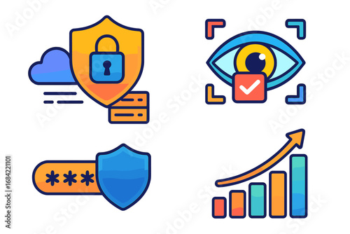 Digital security and data visualization icon set. Vector concepts for cybersecurity, cloud server protection, biometric eye scan recognition, password authentication, and business growth analytics.