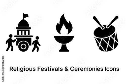 Religious festival glyph icons set. Vector symbols of temple chariot procession, sacred fire ritual, and celebration music drum. Spiritual ceremony and cultural tradition concept.