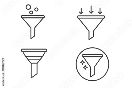 Collection of outline filter and funnel icons for data processing and conversion. Vector symbols for sorting, lead generation, sales pipeline, and user interface concepts.