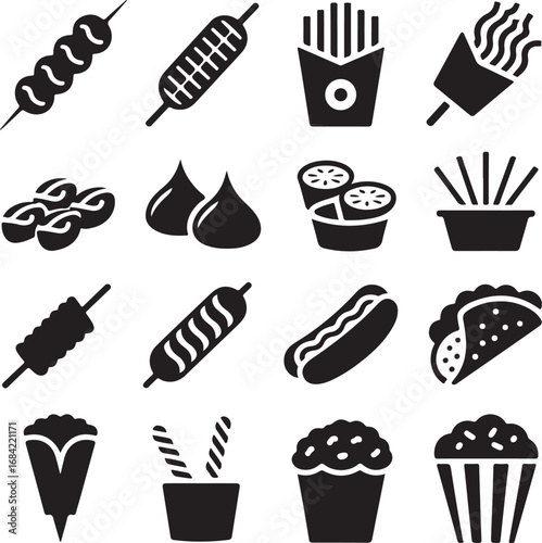 Assortment of Fast Food and Snack Icons in Silhouette Style junk food unhealthy food