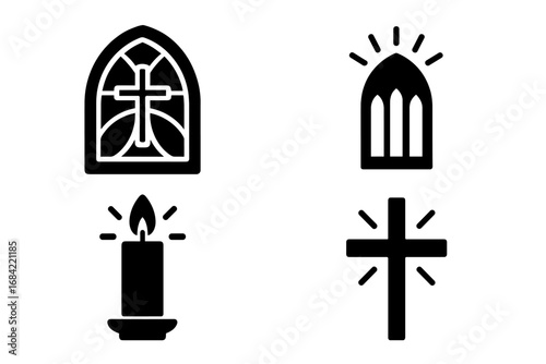 Religious light icons set. Solid filled glyph symbols of christianity. Stained glass window with cross, cathedral light, prayer candle. Faith, spirituality, worship vector pack.