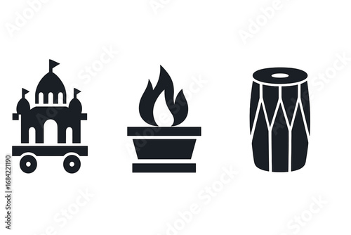 Religious indian festival icon set. Solid glyph vector. Hindu celebration symbols. Temple chariot for Rath Yatra procession, Havan fire ritual, Dholak drum for music.