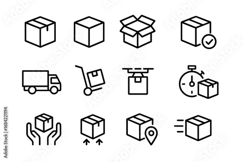 Delivery and shipping line icon set. Logistics, transportation, and e-commerce symbols. Includes box, package, truck, drone delivery, order tracking, and express service.