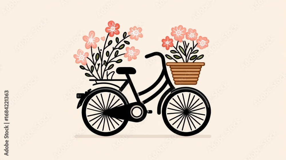 Fototapeta premium Black Bicycle with Pink Flowers in Pixel Art Style