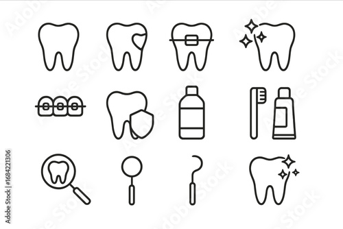 Dentist & stomatology line icon set. Vector symbols of dental care, oral hygiene, orthodontics, tooth treatment, caries, checkup, braces, cleaning. Minimal pictogram pack.