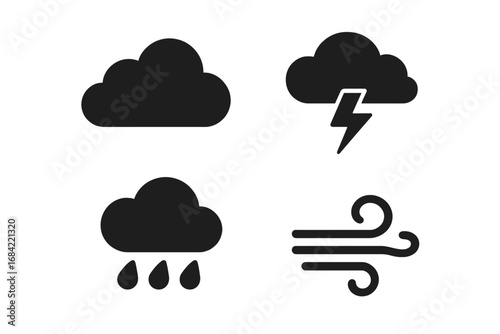 Weather silhouette icon set. Black simple symbols of cloud, storm, lightning, rain, and wind. Vector graphic collection for meteorology forecast, app or web design illustration.