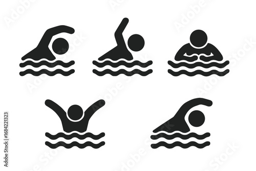 Swimming Stroke Icons Solid Black Filled Vector Set Including Freestyle, Backstroke, Breaststroke, Butterfly, Sidestroke, Water Sport Symbols on Transparent Background
