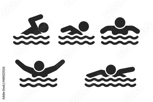 Swimming Stroke Icons Set, Solid Filled Vector Illustrations of Freestyle, Backstroke, Breaststroke, Butterfly, Sidestroke, Water Sport Signs on Transparent Background