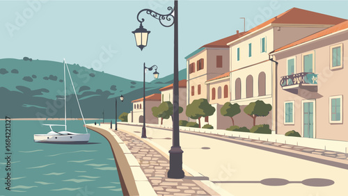 Coastal Town Street Scene with Boat and Buildings.