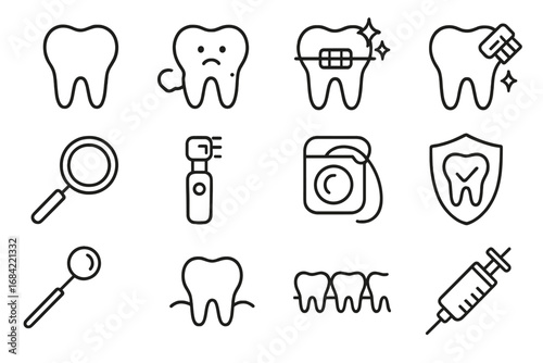 Dental care line icon set. Dentistry, stomatology, orthodontics pictograms. Tooth health, hygiene, treatment symbols. Caries, braces, cleaning, implant vector icons.