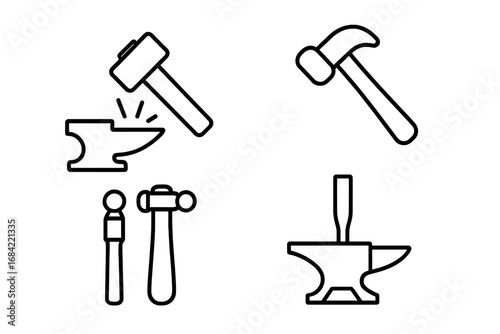 Forge and blacksmith line icon set. Hammer hitting anvil, metalwork and workshop tools. Industrial craft, handmade manufacturing and metallurgy concept vector symbols.