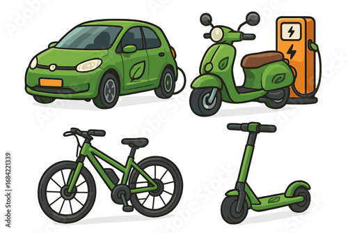 Set of green electric transport icons. Eco-friendly mobility solutions with EV car, scooter, e-bike, and charging station. Sustainable energy vehicle vector cartoon collection.