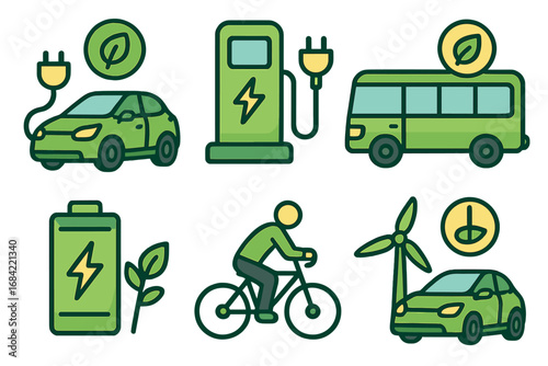 Electric vehicle and sustainable transport icon set. Green energy solutions for modern mobility. Eco friendly EV car, bus, charging station, bicycle, and wind turbine vectors.