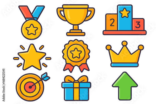 Set of achievement vector icons for gamification. Trophy, medal, award, winner podium, and crown symbols. Reward, goal, and success concepts for game or app UI design.