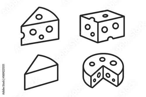 Cheese line icon set. Collection of vector cheese symbols. Swiss cheese slice, parmesan wedge, cheddar block, wheel. Minimal outline pictogram for logo, menu, web design.