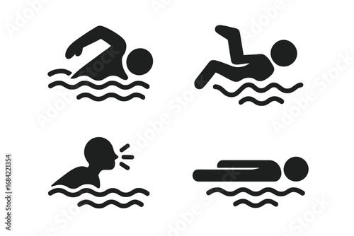 Swimming Technique Icons, Solid Filled Vector Set Featuring Arm Pull, Leg Kick, Breathing, Body Position Elements, Water Sports, Swimming Strokes, Athlete Training Symbols, Transparent Background