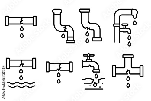Broken pipes line icon set. Leaking water pipe, burst pipeline, dripping faucet vector icons. Plumbing repair, water damage, and leakage concepts for UI and web design.