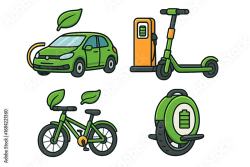 Set of electric and eco-friendly transportation icons. Green mobility solutions like EV car, e-scooter, bicycle, and unicycle with charging station. Vector cartoon illustration.