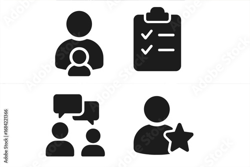 Mentorship and coaching solid icon set. Concepts of business training, career development, guidance. Vector glyph symbols of mentor, clipboard checklist, conversation, employee rating.