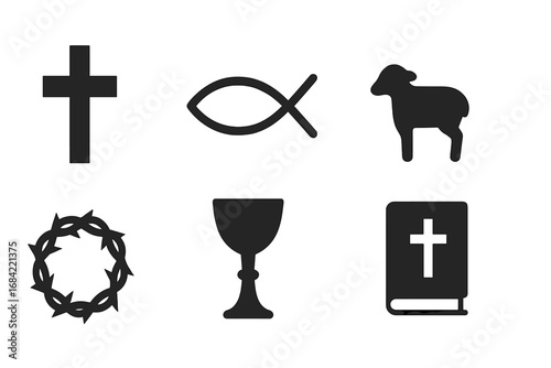 Christian religious symbol icon set. Solid black glyph icons of faith and salvation. Cross, fish, Lamb of God, crown of thorns, holy chalice, and Bible vector symbols.