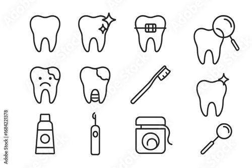 Dental care line icon set. Dentistry and stomatology pictograms. Tooth, braces, implant, cavity, toothbrush, toothpaste, floss. Oral hygiene and orthodontics vector icons.