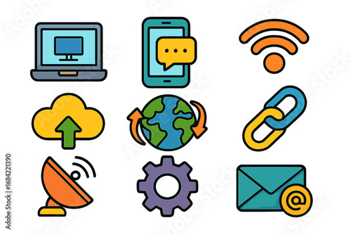 Technology and communication icon set. Vector cartoon icons for internet, global connectivity, web design, business. Includes laptop, phone, cloud, wifi, email, link, data symbols.