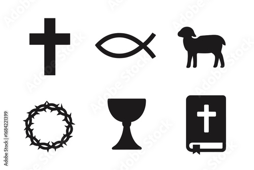 Christian religious symbols icon set. Vector collection of faith signs. Cross, Jesus fish, lamb of God, crown of thorns, chalice, Holy Bible. Spirituality pictogram glyph.