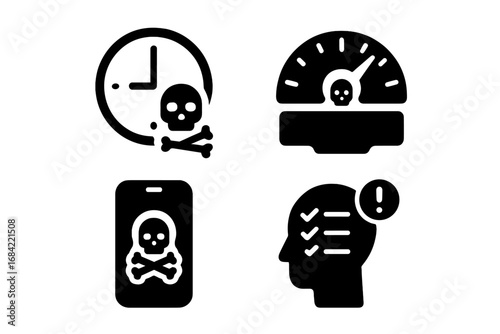Toxic Productivity Icons Set with Time Tracker, Performance Meter, Focus App, and Rigid Discipline Concept Vector Illustrations for Mental Health and Work Stress Awareness