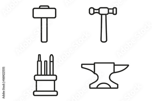 Metalworking tools icon set. Blacksmith equipment with forging hammer, planishing hammer, riveting set, metal chisel, and anvil. Vector line art for industry and craft.