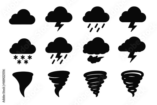 Weather silhouette icon set. Flat design vector graphic collection with clouds, rain, snow, storm, lightning, and tornado symbols. Climate and meteorology concept.