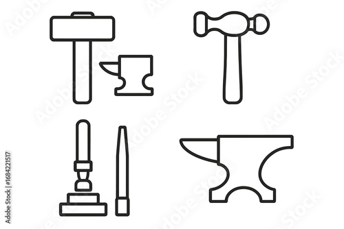 Metalworking and blacksmith tool icon set. Vector outline illustration of a forging hammer, planishing hammer, riveting set, metal chisel, and anvil for craftsmanship.