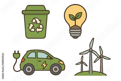 Eco-friendly icon set for energy conservation and renewable resources. Vector cartoon illustration of recycling bin, electric car, wind turbines, and green energy lightbulb.