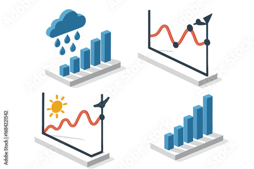 Meteorological data visualization icon set. Isometric weather forecast graphs and charts for climate analysis. Rainfall, sun, and temperature statistics for infographics vector.
