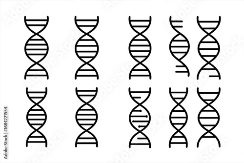 DNA helix line icon set. Simple genetics and biology concept symbols. Gene, chromosome, molecule science vector illustrations for web, apps. Editable stroke icons.