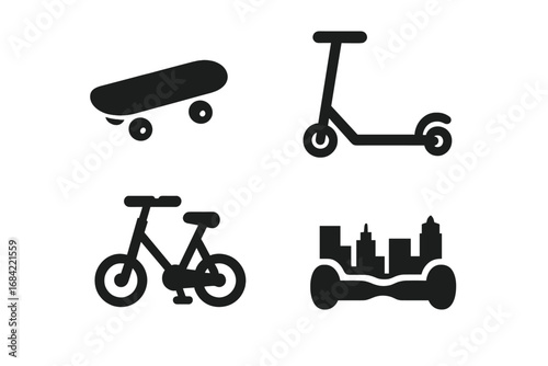 Micromobility solid icon set. Urban transportation glyphs. Skateboard, kick scooter, folding bike, hoverboard. Personal electric transport vector symbols for city life.