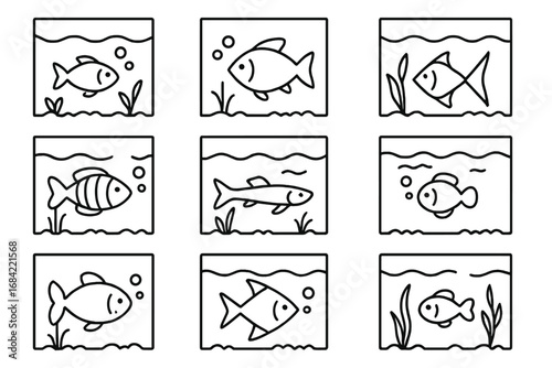 Set of fish in aquarium line icons. Simple aquatic pet in fishbowl pictograms. Minimalist outline symbols for web design. Cute cartoon vector illustration of sea life.