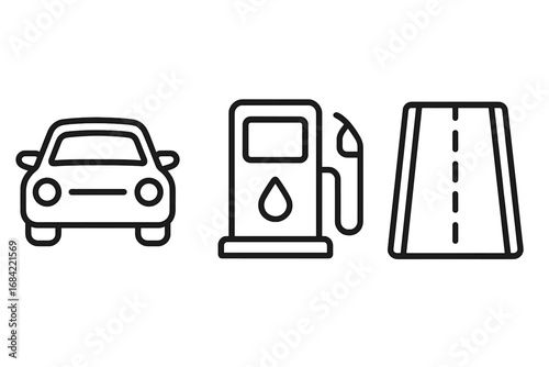 Car, gas station and road line icons. Transportation and travel concepts. Automotive, driving, fuel, gasoline, highway, journey symbols. Modern outline vector illustration set.