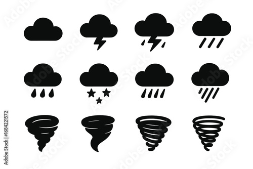 Weather icon set silhouette. Vector collection of climate and forecast symbols. Cloud, rain, snow, lightning, storm, thunder, tornado, hurricane, and cyclone glyphs.