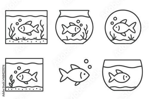 Set of fish in aquarium line icons. Fishbowl, pet shop, and underwater life concepts. Minimalist vector pictograms for web, apps, graphic design, and infographics.